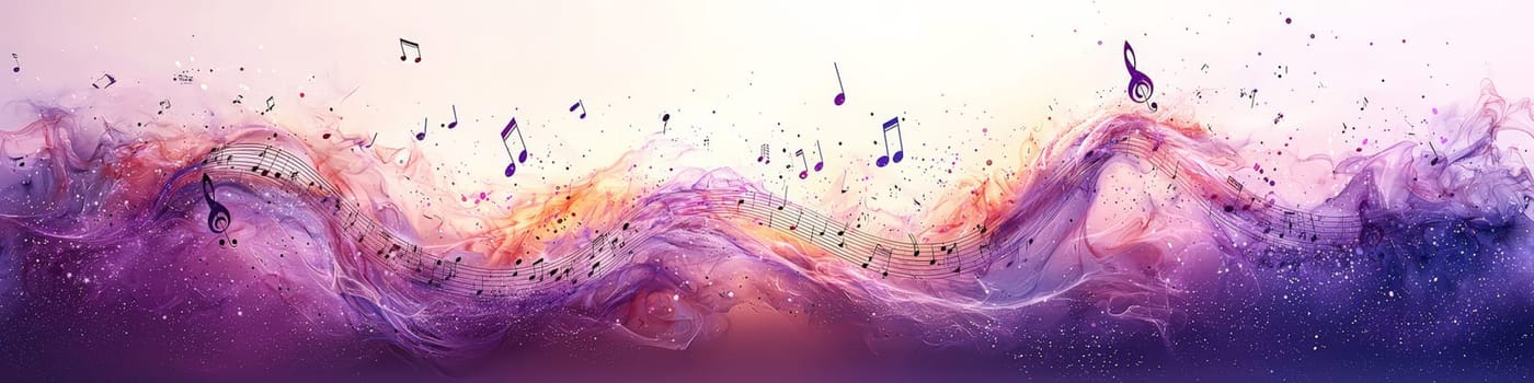 A dynamic 3D vector graphic of a twisting musical staff in elegant shades of purple, with musical notes floating off the staff in mid-air. Set against a clean white background, the image captures the essence of music in vibrant, abstract motion.