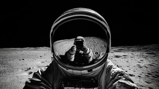 A close-up of an astronaut’s helmet, capturing the vast gray lunar surface beneath a pitch-black sky. Reflected in the visor is a fellow astronaut holding a camera, creating a striking visual of lunar exploration and human presence on the moon.