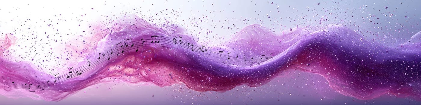 A dynamic 3D vector graphic of a twisting musical staff in elegant shades of purple, with musical notes floating off the staff in mid-air. Set against a clean white background, the image captures the essence of music in vibrant, abstract motion.