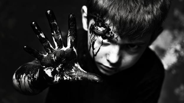 A close-up image featuring a boy's hand covered in dark black ink, capturing an expressive and bold gesture. The dark ink against youthful skin highlights a unique moment of curiosity and creativity, rendered in striking contrast.
