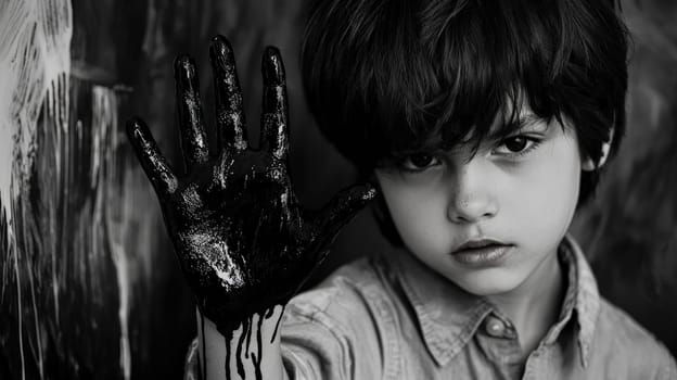 A close-up image featuring a boy's hand covered in dark black ink, capturing an expressive and bold gesture. The dark ink against youthful skin highlights a unique moment of curiosity and creativity, rendered in striking contrast.