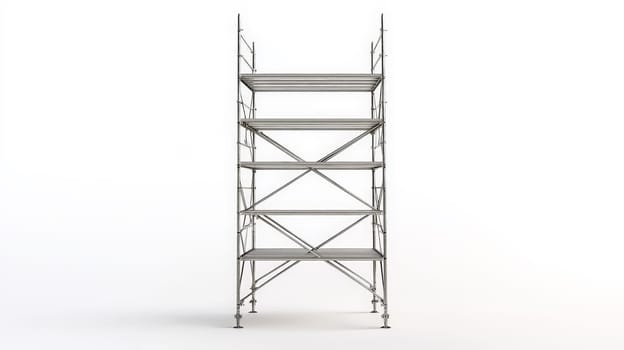 A realistic front-facing photograph showcasing a single, wide scaffolding structure made of new, polished steel. Set against a clean, neutral white background, this image highlights the simplicity and industrial precision of construction equipment