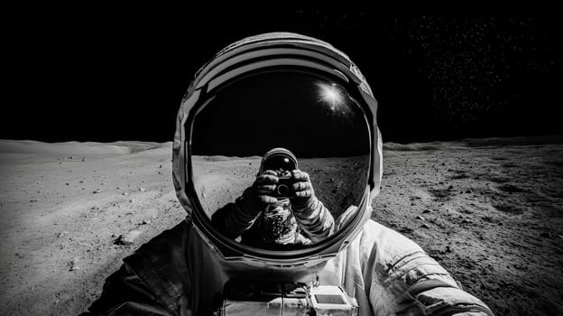 A close-up of an astronaut’s helmet, capturing the vast gray lunar surface beneath a pitch-black sky. Reflected in the visor is a fellow astronaut holding a camera, creating a striking visual of lunar exploration and human presence on the moon.
