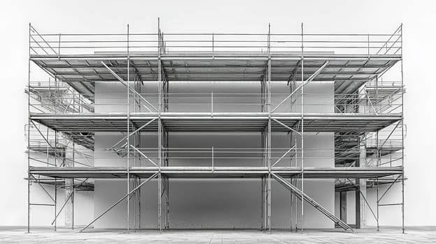 A realistic front-facing photograph showcasing a single, wide scaffolding structure made of new, polished steel. Set against a clean, neutral white background, this image highlights the simplicity and industrial precision of construction equipment