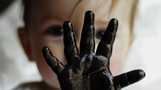 A close-up photo capturing a baby’s hand covered in black ink, creating a striking contrast between delicate skin and dark ink. The image emphasizes the innocence and curiosity of touch, framed in a minimalistic style.