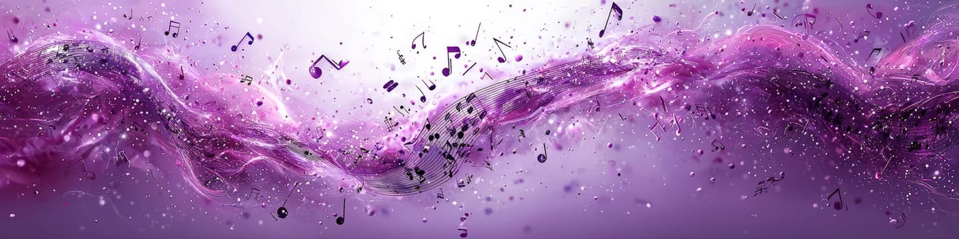 A dynamic 3D vector graphic of a twisting musical staff in elegant shades of purple, with musical notes floating off the staff in mid-air. Set against a clean white background, the image captures the essence of music in vibrant, abstract motion.