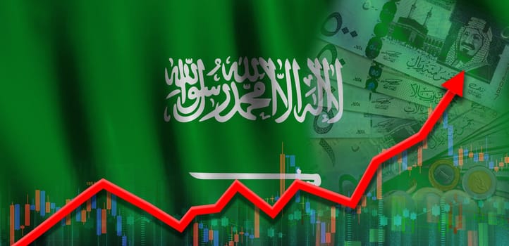 Saudi Arabia economy growth on financial graph. Saudi Arabia flag on financial growth graph