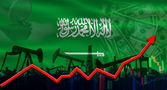 Oil pumps with Saudi flag. Oil production with Saudi Arabia flag, petrol industry