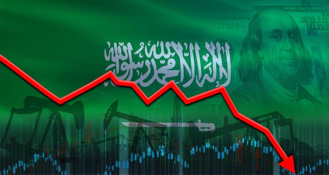 Fall in oil price with the flag of Saudi Arabia. Petrol crisis with Saudi Arabia flag on financial graph