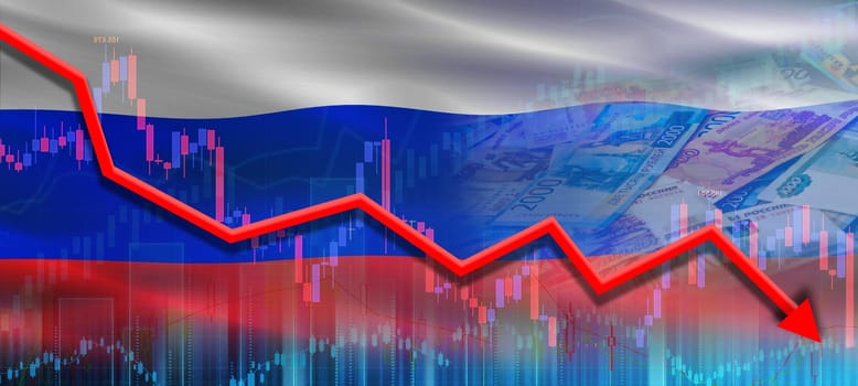 Financial fall of Russia economy on market graph. Russian financial crisis on economic graph, economic collapse