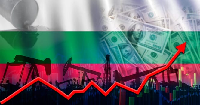 Oil pumps with Bulgaria flag. Oil production with flag of Bulgaria, petroleum industry