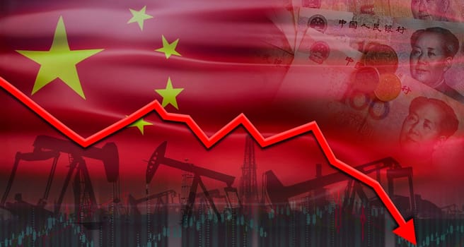 Oil crisis with the flag of China on the economic graph. Oil crisis concept with china flag