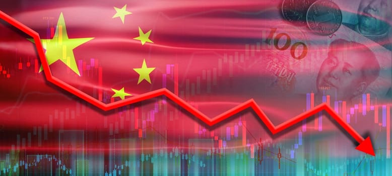 Financial fall of the Chinese economy on financial graph. China financial crisis on economic graph, economic collapse