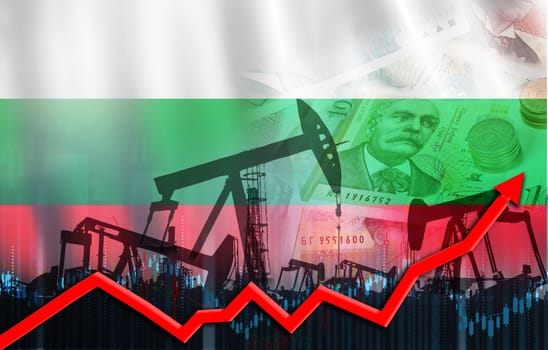 Oil production with flag of Bulgaria. Oil pumps with bulgaria flag, petroleum industry