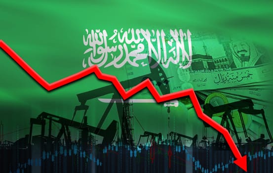 Petrol crisis with Saudi Arabia flag on financial graph. Fall in oil price with the flag of Saudi Arabia