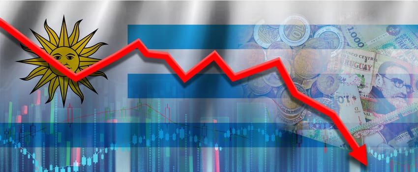 Uruguay financial crisis on economic graph. Financial fall of Uruguay economy on financial graph