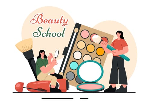 Beauty and Makeup School Vector Illustration featuring Various Cosmetic Products and Beautiful Girls Learning to Apply Make up in a Background