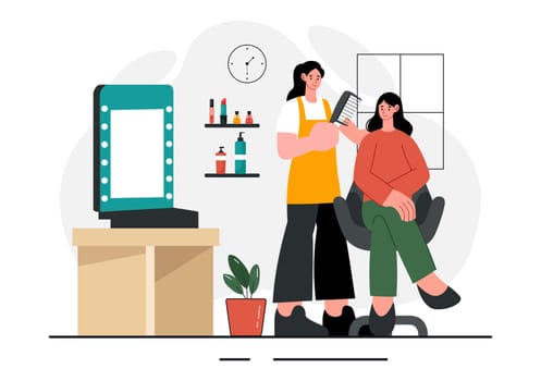 Beauty and Makeup School Vector Illustration featuring Various Cosmetic Products and Beautiful Girls Learning to Apply Make up in a Background