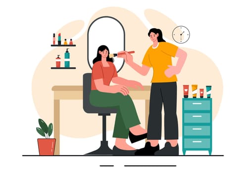 Beauty and Makeup School Vector Illustration featuring Various Cosmetic Products and Beautiful Girls Learning to Apply Make up in a Background