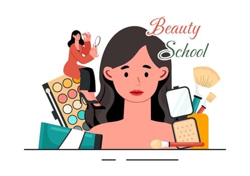 Beauty and Makeup School Vector Illustration featuring Various Cosmetic Products and Beautiful Girls Learning to Apply Make up in a Background