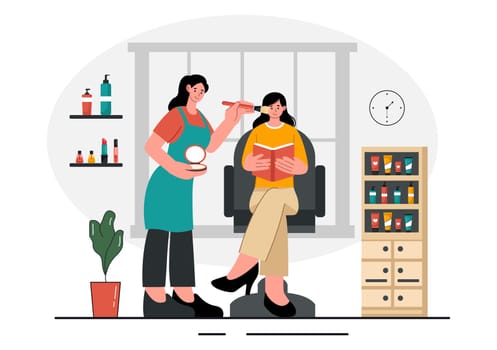 Beauty and Makeup School Vector Illustration featuring Various Cosmetic Products and Beautiful Girls Learning to Apply Make up in a Background