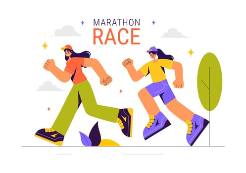 Marathon Race Vector Illustration featuring People Running and Jogging in a Sport Tournament, Racing Toward the Finish Line in a Flat Style Background