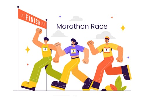 Marathon Race Vector Illustration featuring People Running and Jogging in a Sport Tournament, Racing Toward the Finish Line in a Flat Style Background