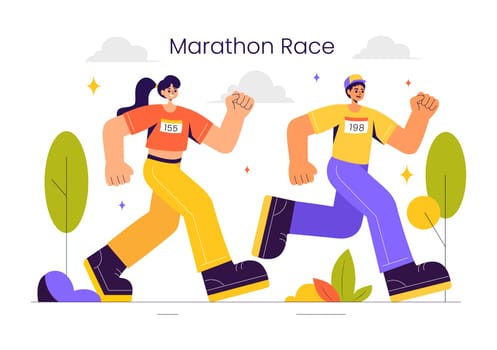 Marathon Race Vector Illustration featuring People Running and Jogging in a Sport Tournament, Racing Toward the Finish Line in a Flat Style Background