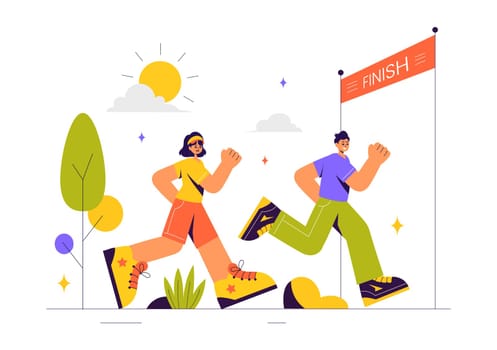 Marathon Race Vector Illustration featuring People Running and Jogging in a Sport Tournament, Racing Toward the Finish Line in a Flat Style Background