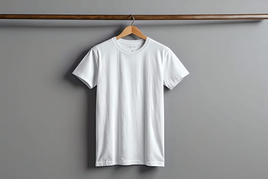 Classic white t-shirt mock-up on wooden hanger against grey background. AI Image