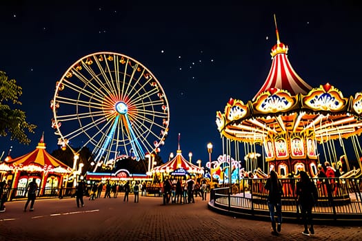 Theme park at night with vibrant lights illuminating tall roller coasters. AI Image