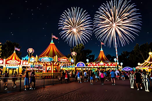 Magical theme park at night with vibrant lights and tall roller coasters. AI Image