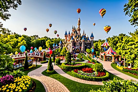 Sprawling theme park in lush green landscape blending classic attractions. AI Image
