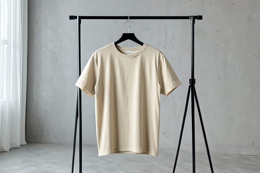 Bright airy studio with unisex t-shirt mock-up on hanger for fashion display. AI Image