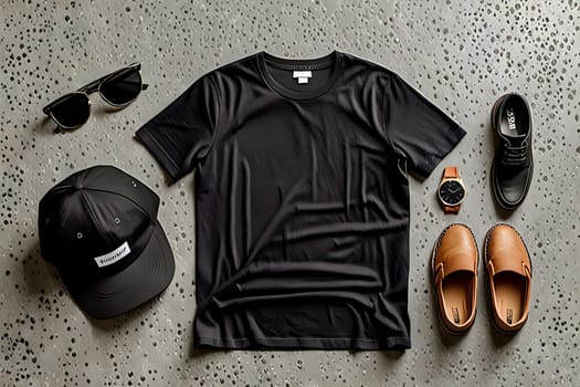 Black t-shirt mock-up displayed flat on textured concrete surface for fashion. AI Image