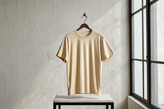 Stylish unisex t-shirt mock-up on hanger in bright airy studio. AI Image