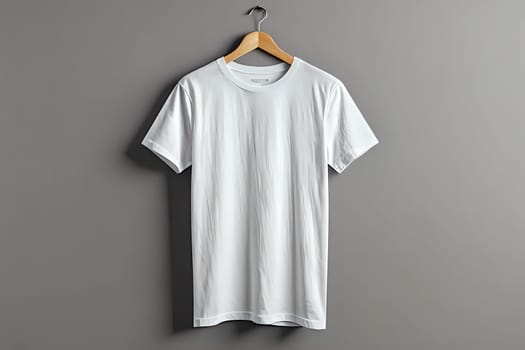 White t-shirt mock-up hanging on a wooden hanger with grey background. AI Image