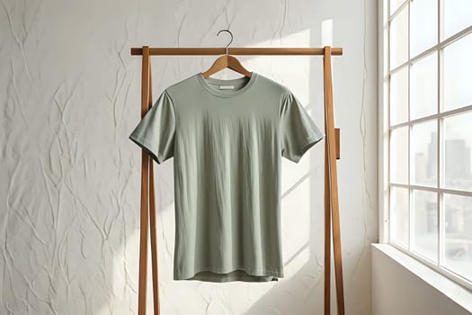 Unisex t-shirt mock-up on hanger in bright and airy studio setting. AI Image