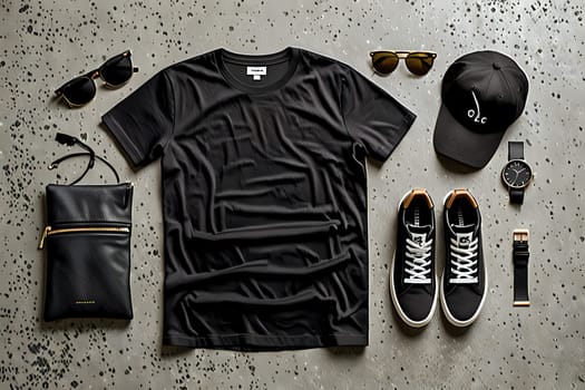 Black t-shirt mock-up laid flat on concrete surface with texture for display. AI Image