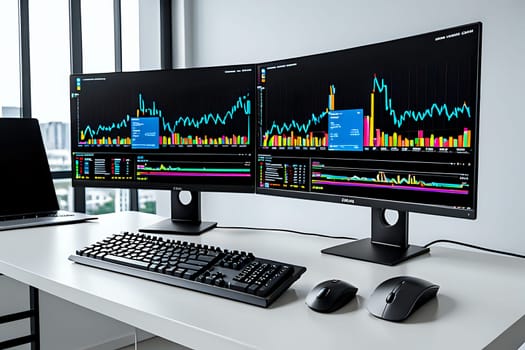 Financial stock graphics on two monitors with keyboard on work desk. AI Image