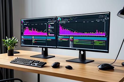 Photo of two monitors with financial stock graphics and keyboard on desktop. AI Image