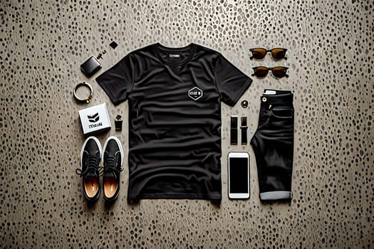 Trendy black t-shirt mock-up laid flat on textured concrete surface. AI Image