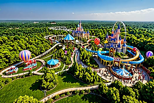 Sprawling theme park in green landscape with classic attractions surrounded by nature. AI Image