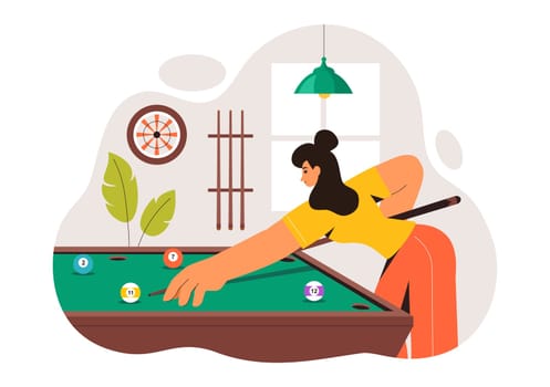 Billiards Game Vector Illustration featuring a Player in a Pool Room Holding a Cue Stick, with a Billiard Table and Balls in a Sports Club