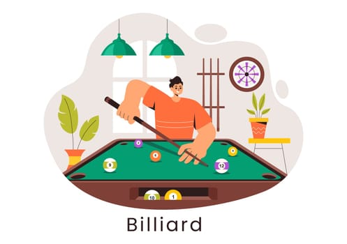 Billiards Game Vector Illustration featuring a Player in a Pool Room Holding a Cue Stick, with a Billiard Table and Balls in a Sports Club