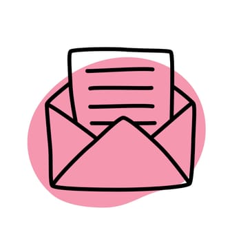Doodle Open envelope with letter icon or logo, hand drawn with thin black line. Isolated on white background. Vector illustration