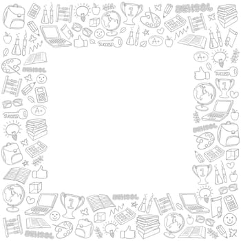 Hand drawn Back to School stationary frame or border. Set of school and education related items. Stationary, backpack, globe, laptop etc. Vector illustration
