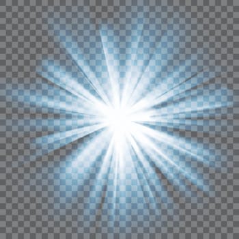 White glowing light. Bright shining star. Bursting explosion. Transparent background. Rays of light. Glaring effect with transparency. Abstract glowing light background. Vector illustration.
