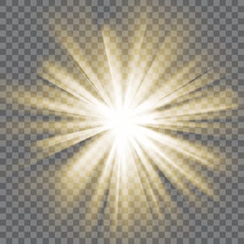 Yellow glowing light. Sun rays. Bursting explosion. Transparent background. Rays of light. Glaring effect with transparency. Abstract glowing light background. Vector illustration.