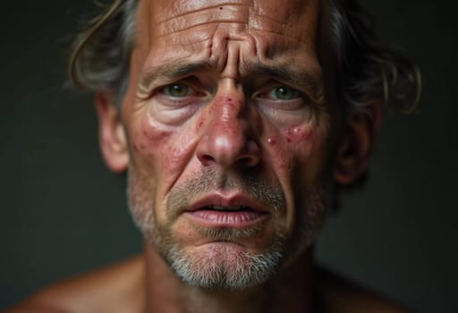 A close-up portrait of a man displaying pimple-like lesions on his face, indicative of monkeypox. His expression conveys concern about the symptoms he is experiencing. Generative AI.